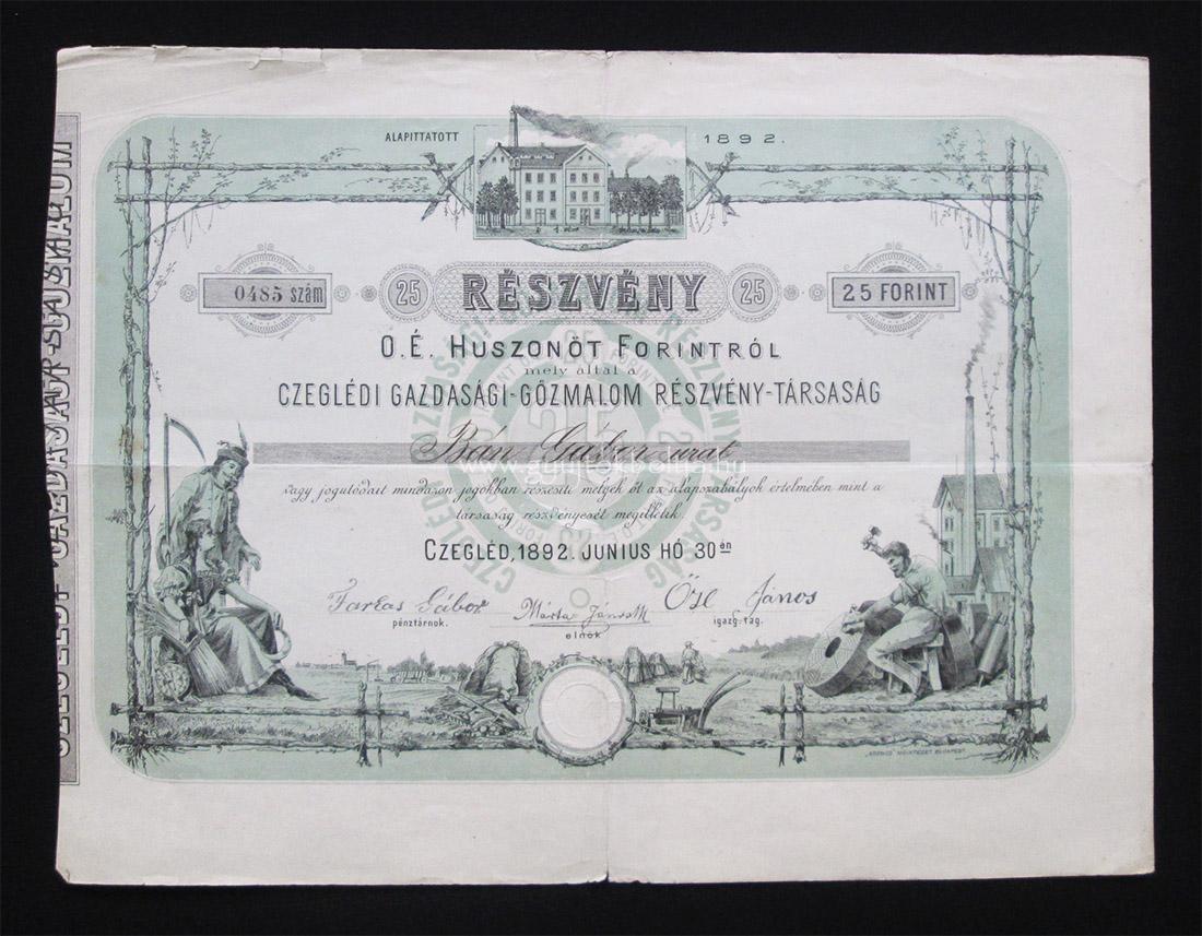 Czegldi Gazdasgi Gzmalom rszvny 25 forint 1892 - Cegld